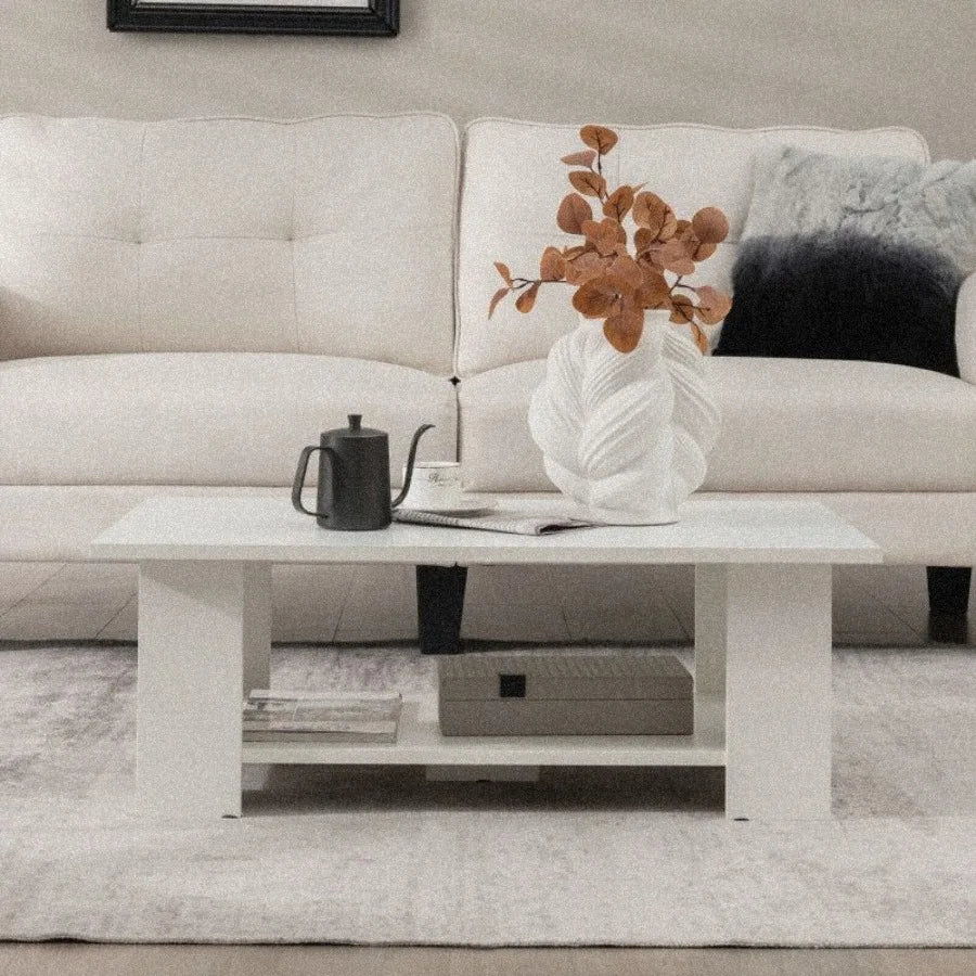 Large 41” Two-Tier Wooden Modern Coffee Table with Storage Shelf