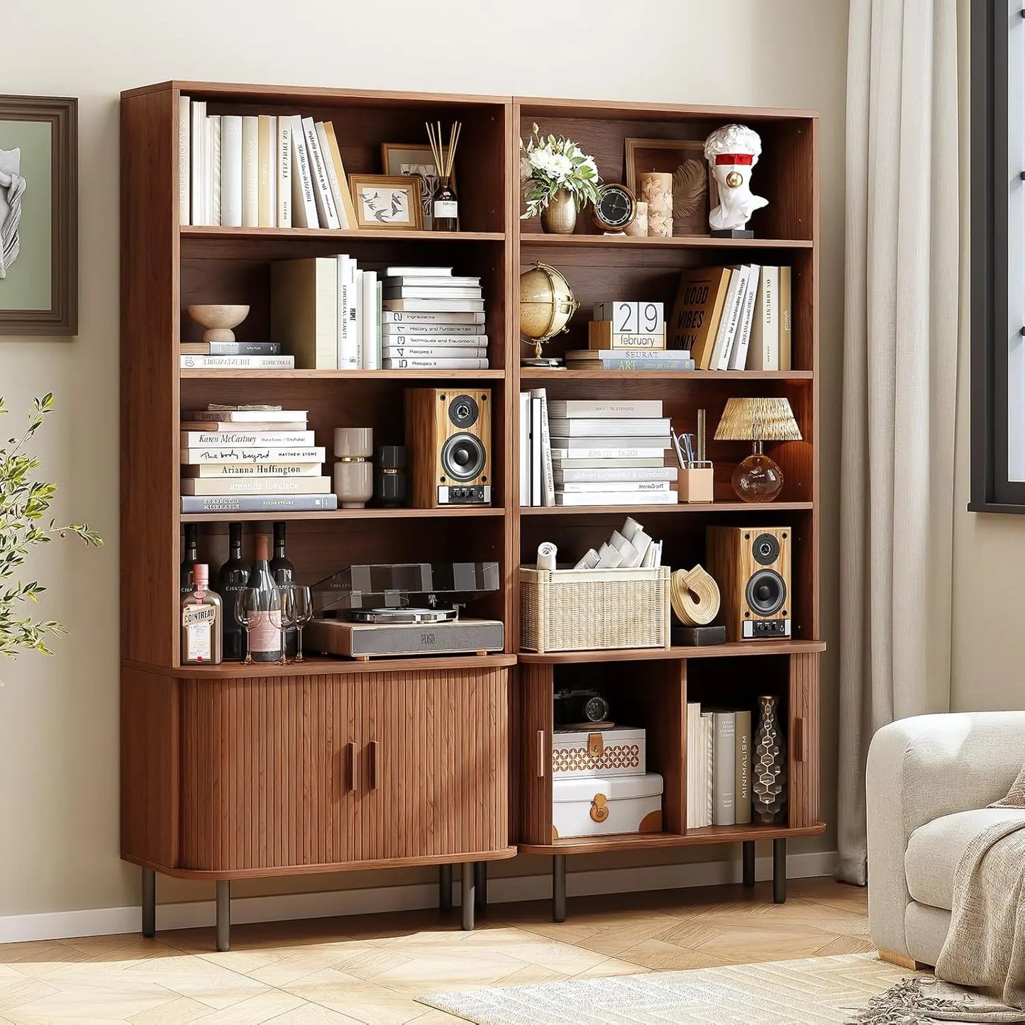 Modern 71” Tall 4-Tier Bookshelf with Sliding Door & Adjustable Shelves – Floor Standing Storage for Living Room & Home Office