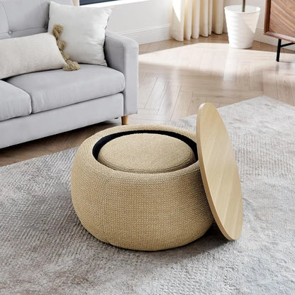 2-Piece Round Woven Rattan Ottoman Set – Drum Shaped Stools with Storage & MDF Top