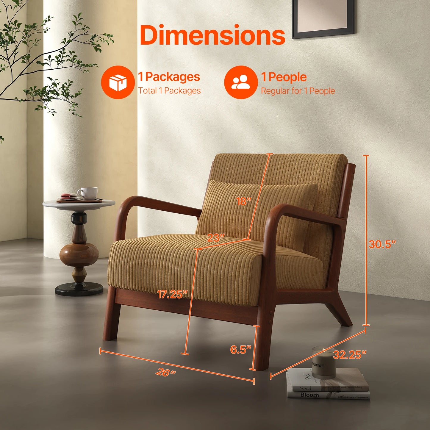 Mid-Century Modern Accent Chair – Comfy Fabric Armchair with Solid Wood Frame for Living Room