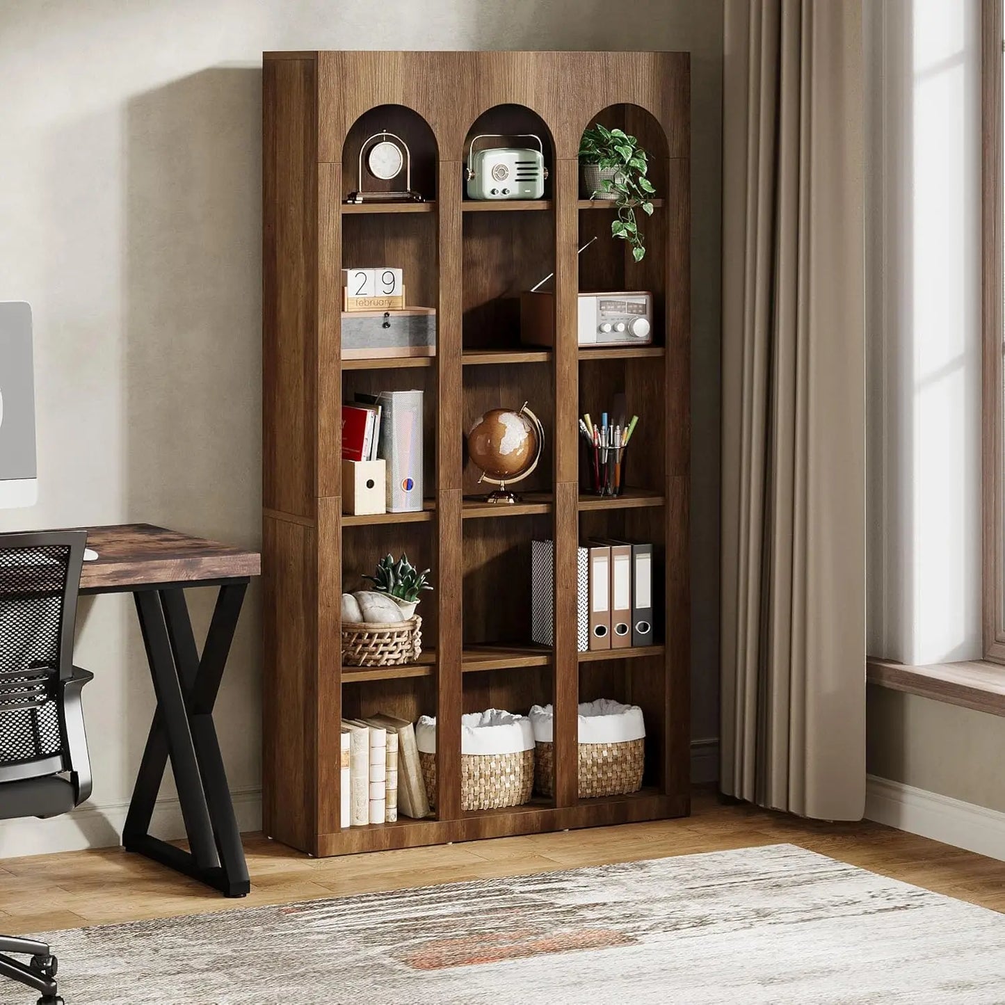 5-Tier Farmhouse Arched Bookshelf – 71” Tall Mid-Century Modern Bookcase with Open Display Shelves