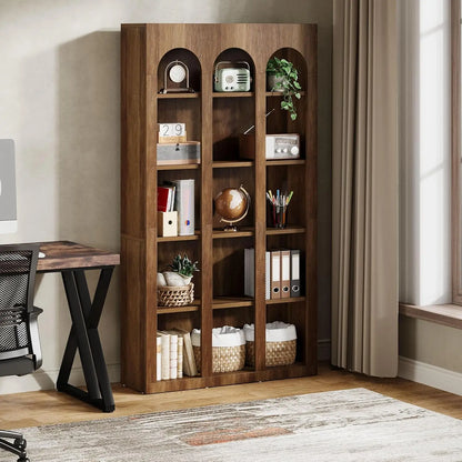 5-Tier Farmhouse Arched Bookshelf – 71” Tall Mid-Century Modern Bookcase with Open Display Shelves