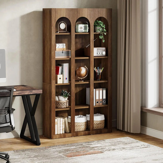 5-Tier Farmhouse Arched Bookshelf – 71” Tall Mid-Century Modern Bookcase with Open Display Shelves
