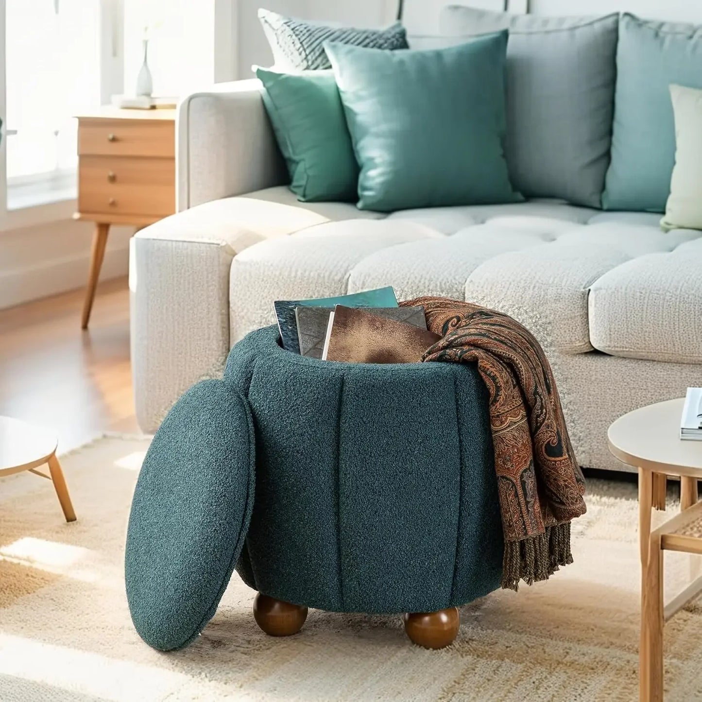Modern Round Ottoman with Storage – Pumpkin-Shaped Vanity Stool for Living Room & Makeup