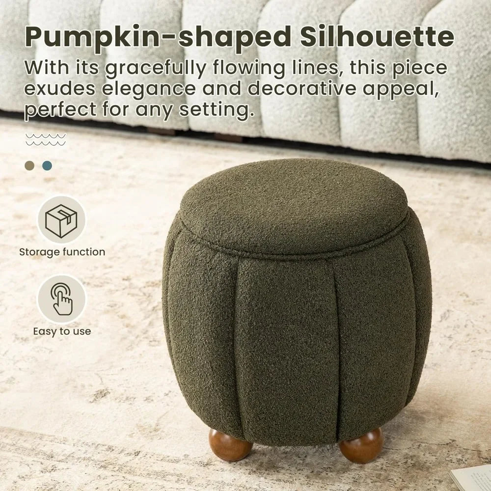 Modern Round Ottoman with Storage – Pumpkin-Shaped Vanity Stool for Living Room & Makeup