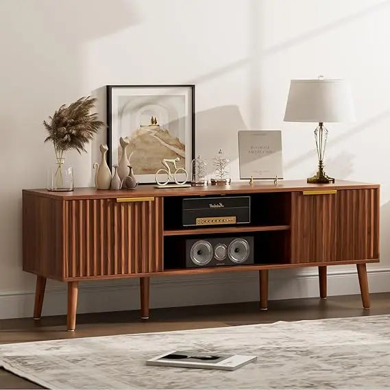 TV Stand for Living Room, Mid Century Modern Entertainment Center for 55/60/65 inch TVs, TV Console with Fluted Door Cabinets an