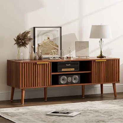TV Stand for Living Room, Mid Century Modern Entertainment Center for 55/60/65 inch TVs, TV Console with Fluted Door Cabinets an