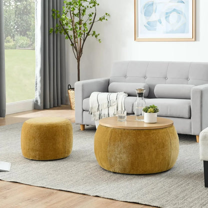2-Piece Round Woven Rattan Ottoman Set – Drum Shaped Stools with Storage & MDF Top