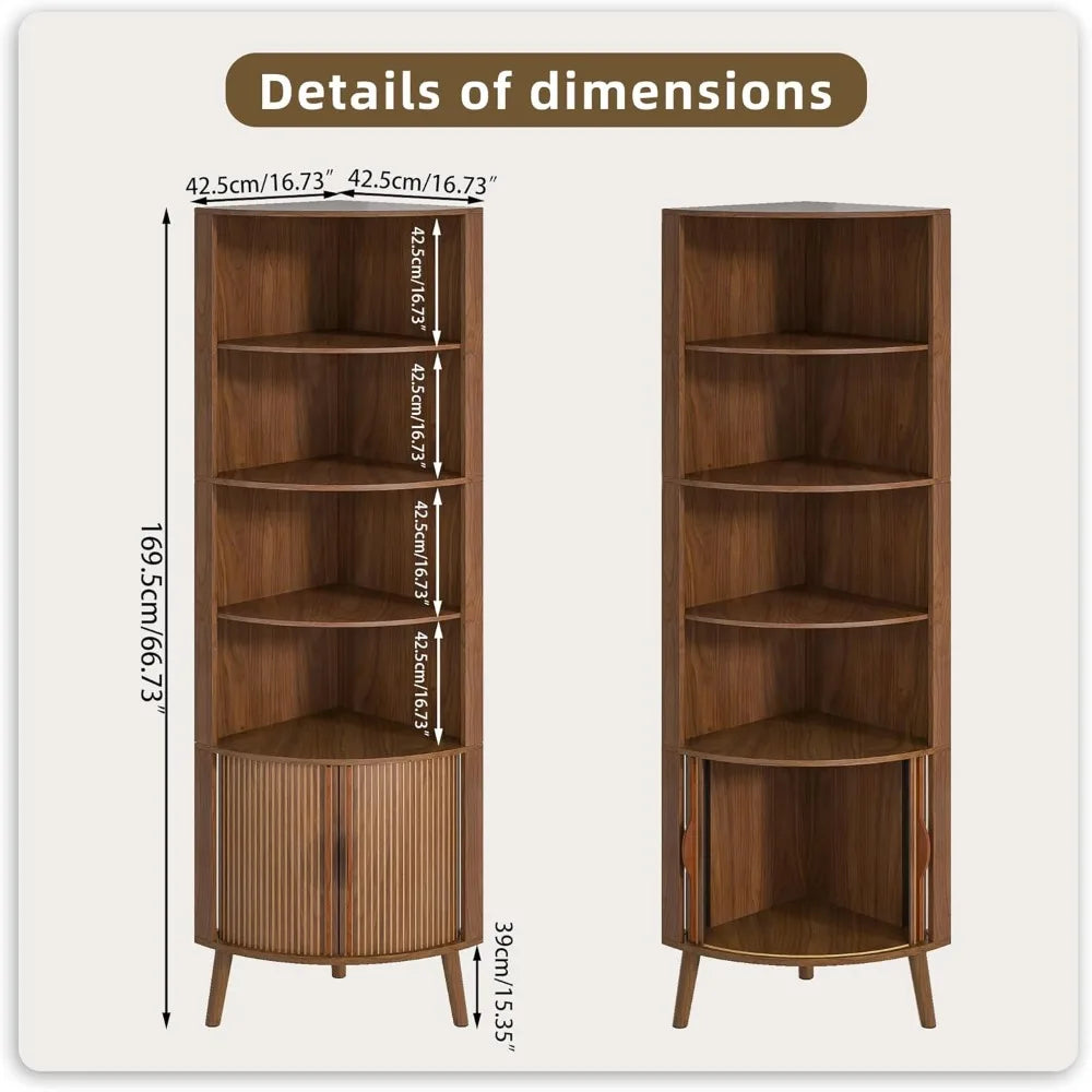 5-Tier Modern Corner Shelf with 2 Fluted Doors – 66.7” Tall Freestanding Wood Bookcase for Living Room, Bedroom & Office