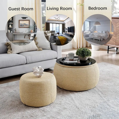 2-Piece Round Woven Rattan Ottoman Set – Drum Shaped Stools with Storage & MDF Top