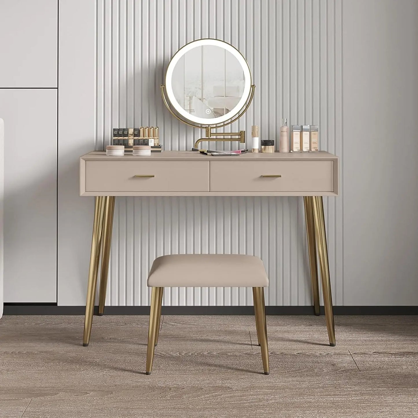 Compact dressing table with a 360° rotating LED mirror and a leather stool