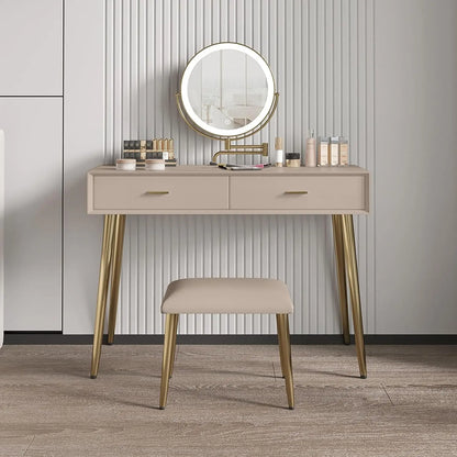 Compact dressing table with a 360° rotating LED mirror and a leather stool