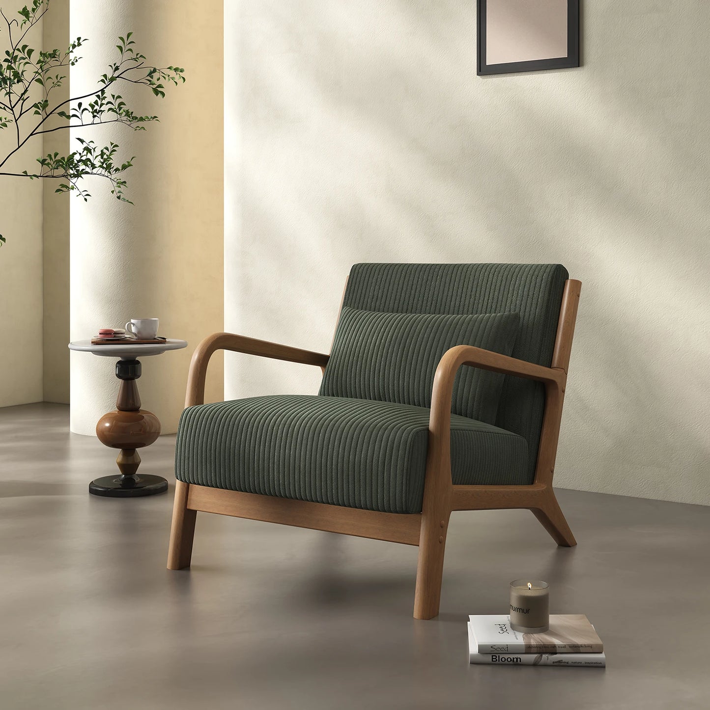 Mid-Century Modern Accent Chair – Comfy Fabric Armchair with Solid Wood Frame for Living Room