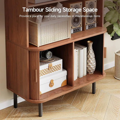 Modern 71” Tall 4-Tier Bookshelf with Sliding Door & Adjustable Shelves – Floor Standing Storage for Living Room & Home Office