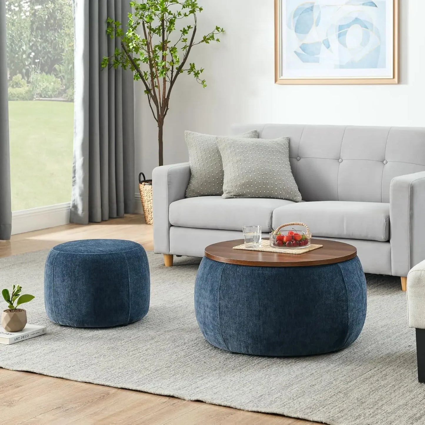 2-Piece Round Woven Rattan Ottoman Set – Drum Shaped Stools with Storage & MDF Top