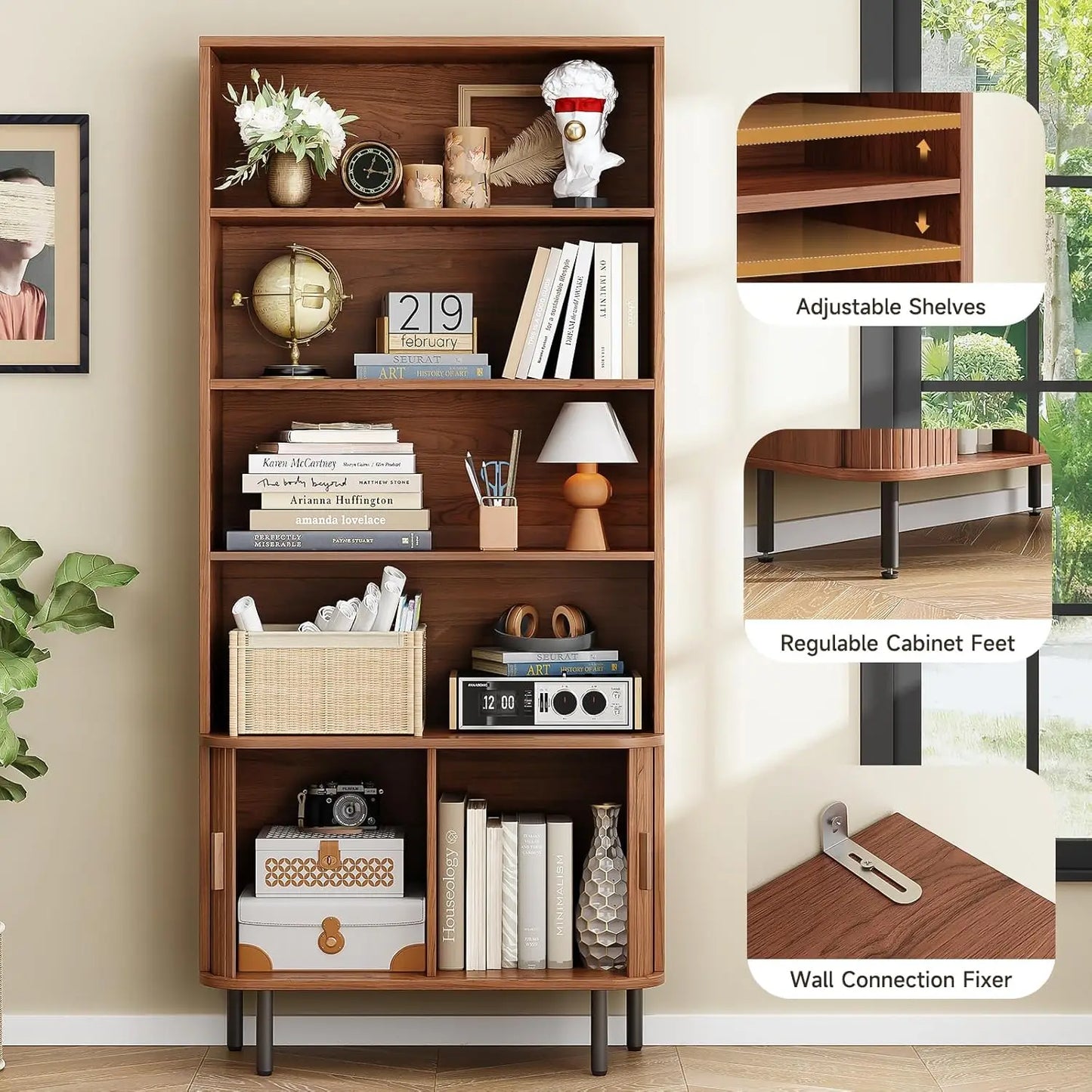 Modern 71” Tall 4-Tier Bookshelf with Sliding Door & Adjustable Shelves – Floor Standing Storage for Living Room & Home Office