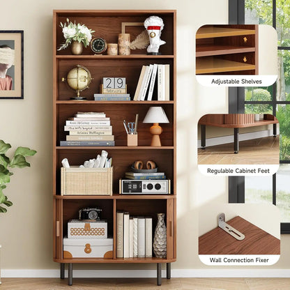Modern 71” Tall 4-Tier Bookshelf with Sliding Door & Adjustable Shelves – Floor Standing Storage for Living Room & Home Office