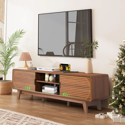 Mid Century Modern TV Stand for 55/60/65 Inch TV, 62" TV Console Table with Fluted Sliding Doors, Entertainment Center