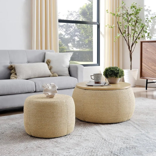 2-Piece Round Woven Rattan Ottoman Set – Drum Shaped Stools with Storage & MDF Top