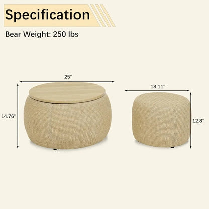 2-Piece Round Woven Rattan Ottoman Set – Drum Shaped Stools with Storage & MDF Top