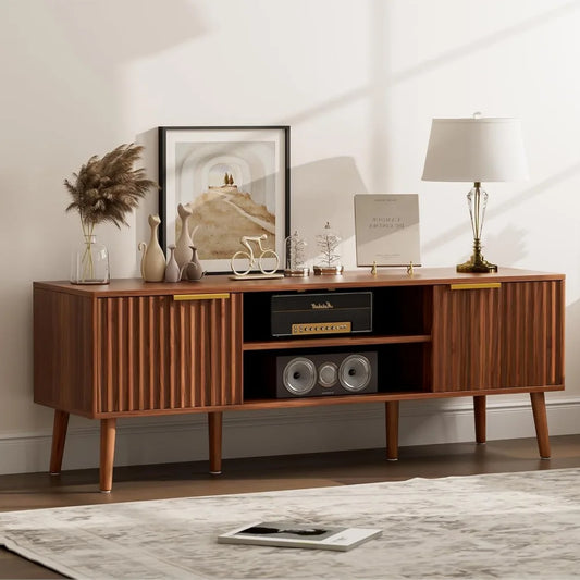 TV Stand for Living Room, Mid Century Modern Entertainment Center for 55/60/65 inch TVs, TV Console with Fluted Door Cabinets an