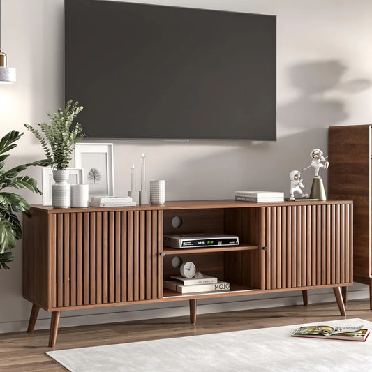 Mid Century Modern TV Stand for Televisions up to 70 Inches, with Sliding Doors and Storage, Television Stands, TV Consoles