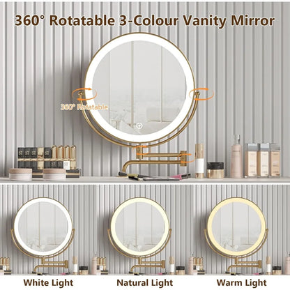 Compact dressing table with a 360° rotating LED mirror and a leather stool