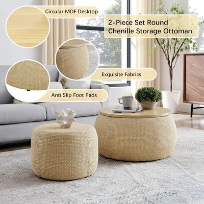 2-Piece Round Woven Rattan Ottoman Set – Drum Shaped Stools with Storage & MDF Top