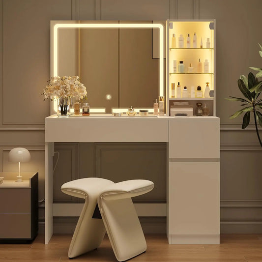Glass Top Vanity Desk | 41" Makeup Table with Power Outlet & LED Mirror