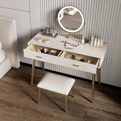 Compact dressing table with a 360° rotating LED mirror and a leather stool