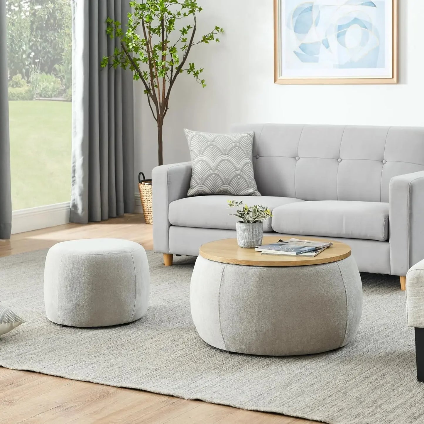 2-Piece Round Woven Rattan Ottoman Set – Drum Shaped Stools with Storage & MDF Top