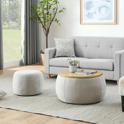 2-Piece Round Woven Rattan Ottoman Set – Drum Shaped Stools with Storage & MDF Top