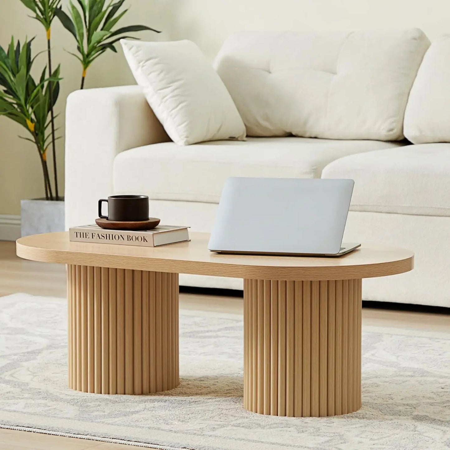 Oval Fluted Coffee Table – Mid-Century Modern Farmhouse Centerpiece for Living Room
