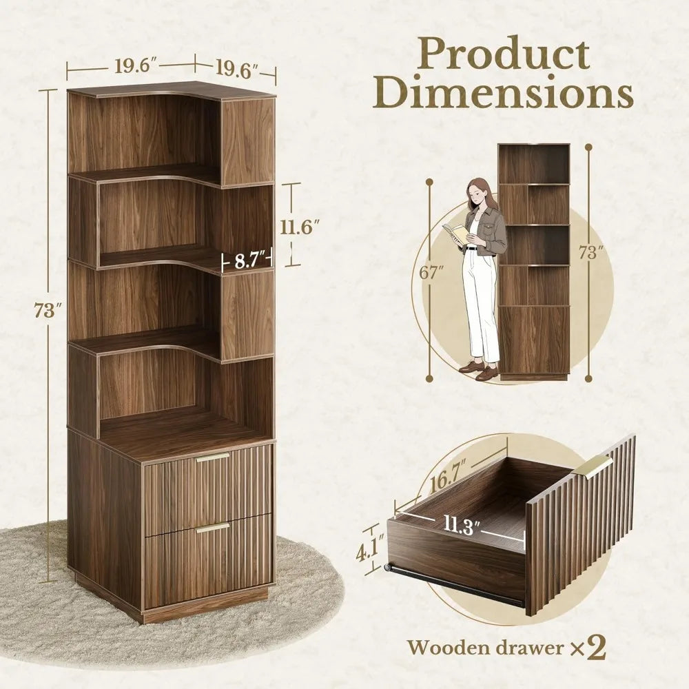 5-Tier L-Shaped Corner Bookshelf with Drawers – 71” Tall Fluted Wood Bookcase for Living Room, Bedroom & Home Office
