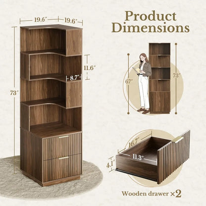 5-Tier L-Shaped Corner Bookshelf with Drawers – 71” Tall Fluted Wood Bookcase for Living Room, Bedroom & Home Office