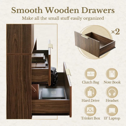 5-Tier L-Shaped Corner Bookshelf with Drawers – 71” Tall Fluted Wood Bookcase for Living Room, Bedroom & Home Office