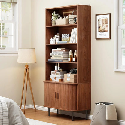 Modern 71” Tall 4-Tier Bookshelf with Sliding Door & Adjustable Shelves – Floor Standing Storage for Living Room & Home Office