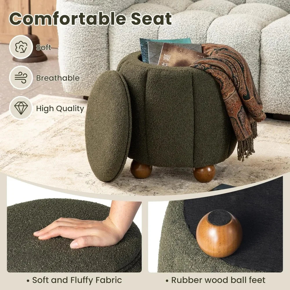 Modern Round Ottoman with Storage – Pumpkin-Shaped Vanity Stool for Living Room & Makeup