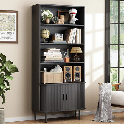 Modern 71” Tall 4-Tier Bookshelf with Sliding Door & Adjustable Shelves – Floor Standing Storage for Living Room & Home Office