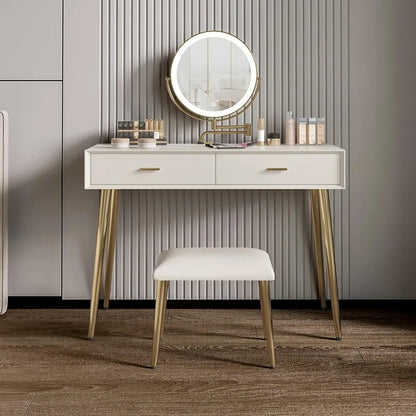 Compact dressing table with a 360° rotating LED mirror and a leather stool