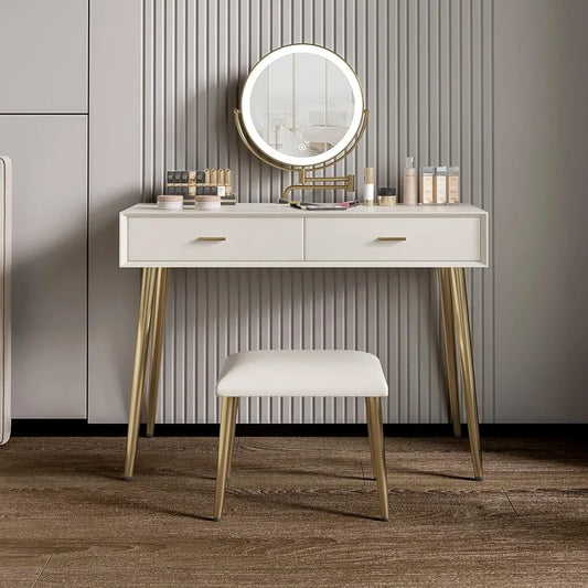 Compact dressing table with a 360° rotating LED mirror and a leather stool