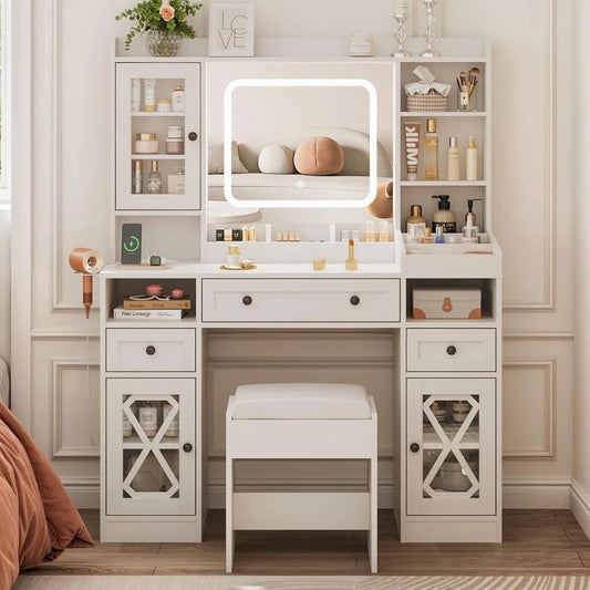 Vanity Desk | 44.5" Makeup Table with LED Mirror, Stool & Charging Station