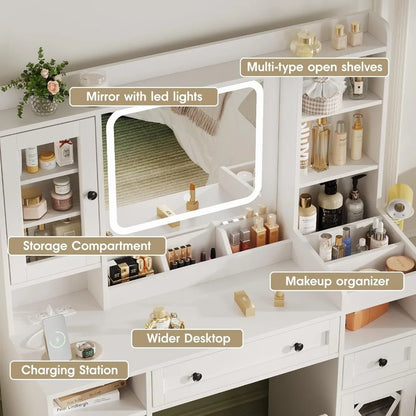 Vanity Desk | 44.5" Makeup Table with LED Mirror, Stool & Charging Station