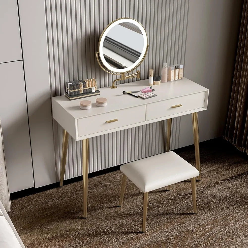 Compact dressing table with a 360° rotating LED mirror and a leather stool