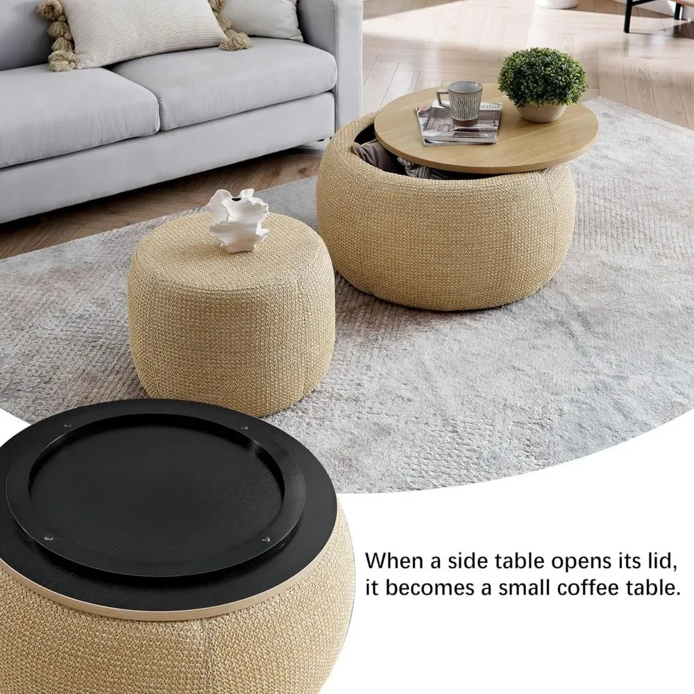 2-Piece Round Woven Rattan Ottoman Set – Drum Shaped Stools with Storage & MDF Top