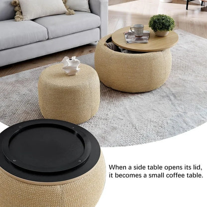 2-Piece Round Woven Rattan Ottoman Set – Drum Shaped Stools with Storage & MDF Top