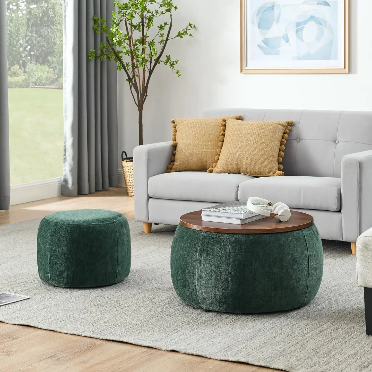 2-Piece Round Woven Rattan Ottoman Set – Drum Shaped Stools with Storage & MDF Top