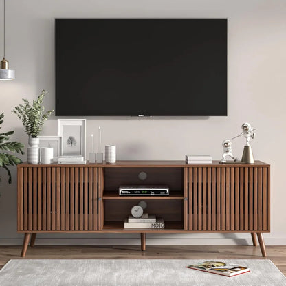 Mid Century Modern TV Stand for Televisions up to 70 Inches, with Sliding Doors and Storage, Television Stands, TV Consoles