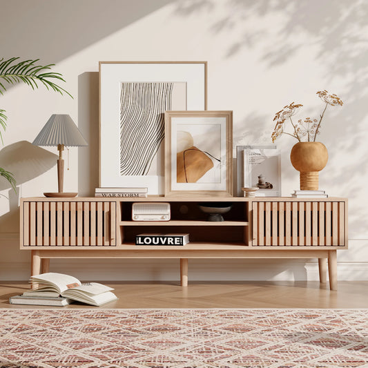 Modern Wooden TV Stand with Sliding Doors & Storage