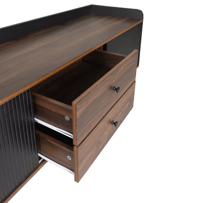 63” Mid-Century Modern TV Stand for TVs up to 70”, Wooden Entertainment Center with Cabinets & Open Storage